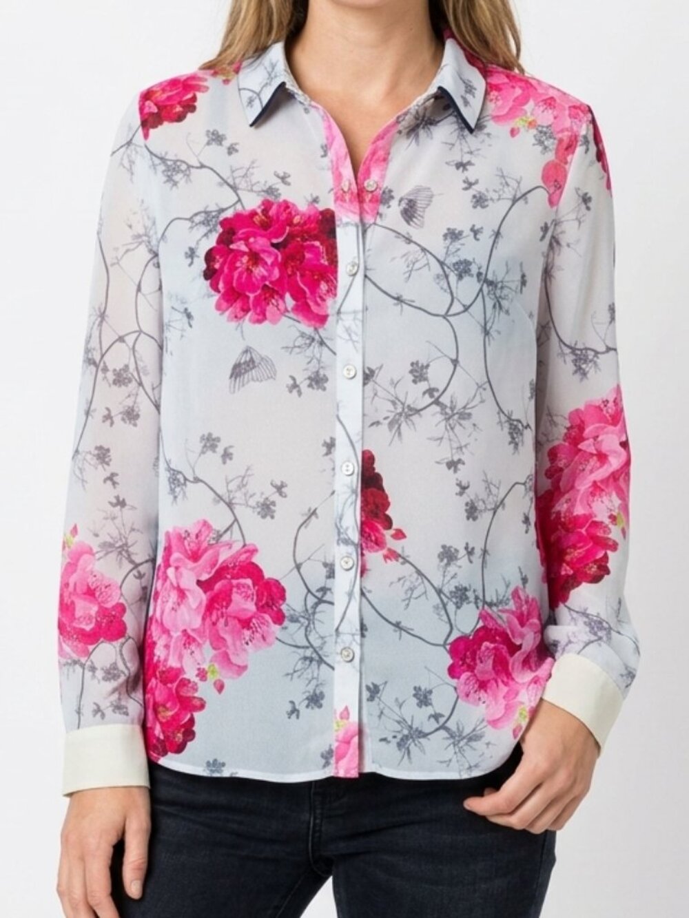 Ted Baker Light Blue and Pink Floral Button Front Shirt Women's Size 3 (M)